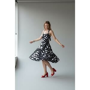 Y2K Polka Dot Halter Dress Black White Rockabilly Pinup Tulle Hem Size S